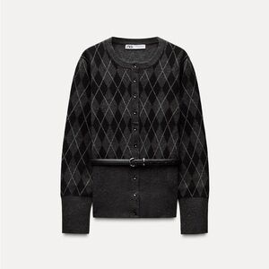 ZARA Belted Argyle Knit Sweater